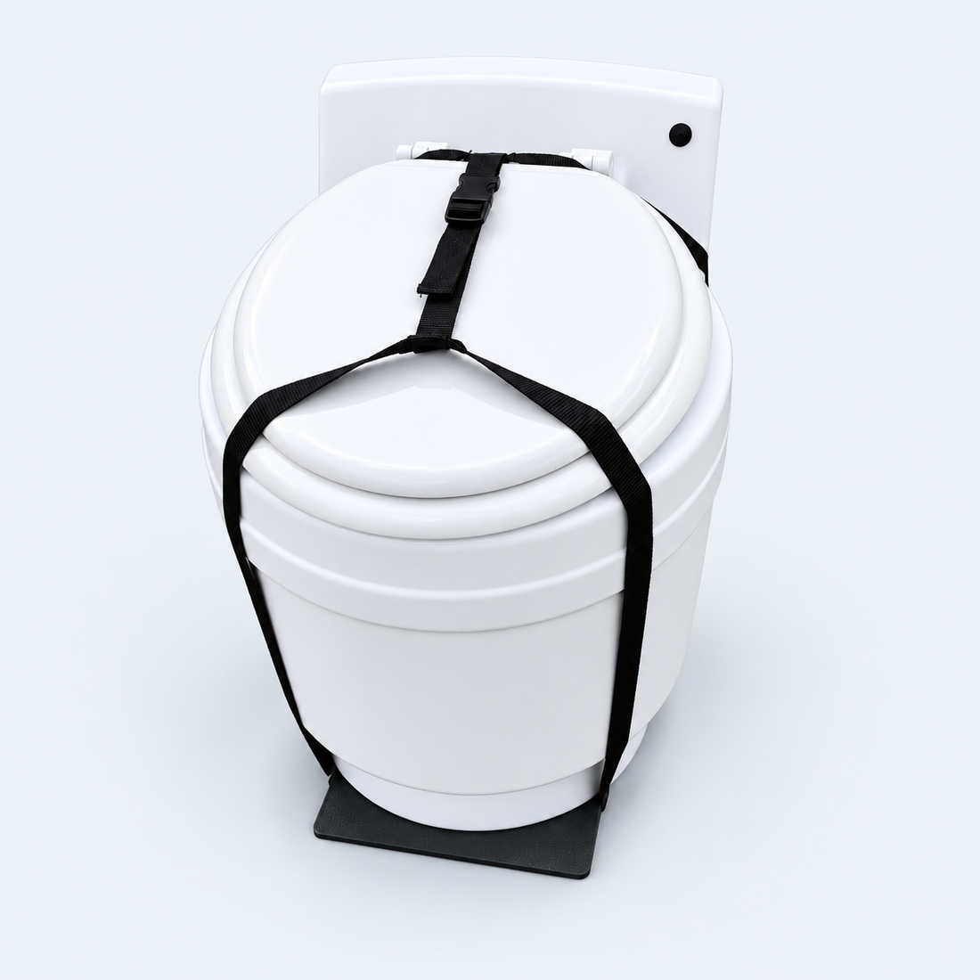 White Laveo DryFlush toilet in the optional black carrying harness