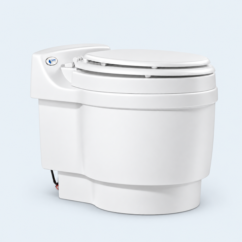 White Laveo DryFlush portable toilet, shown from the front