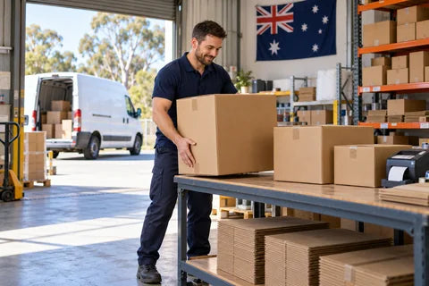 Illustrative Australian warehouse scene: preparing cartons for courier collection