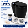 Black Laveo DryFlush toilet bundle with Pee Powder and two silver Mylar refill cartridges with two-cutout bagasse rims