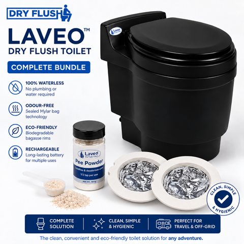 Black Laveo DryFlush toilet bundle with Pee Powder and two silver Mylar refill cartridges with two-cutout bagasse rims