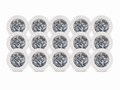 Fifteen DryFlush refill cartridges with two-cutout bagasse rims and silver Mylar liners in three rows of five