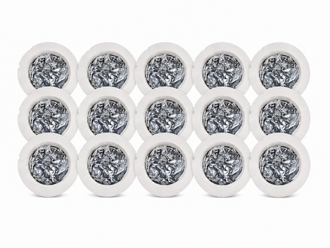 Fifteen DryFlush refill cartridges with two-cutout bagasse rims and silver Mylar liners in three rows of five