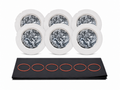 Six DryFlush refill cartridges with two-cutout bagasse rims and silver Mylar liners, with six orange rings on black sheets