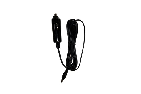 Coiled black power cable with a plug at one end