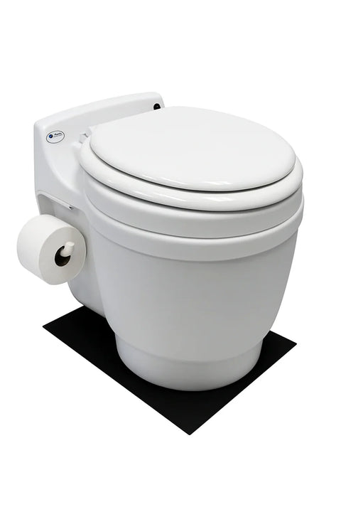 White Laveo DryFlush toilet with a side toilet roll holder standing on a black silicone mat