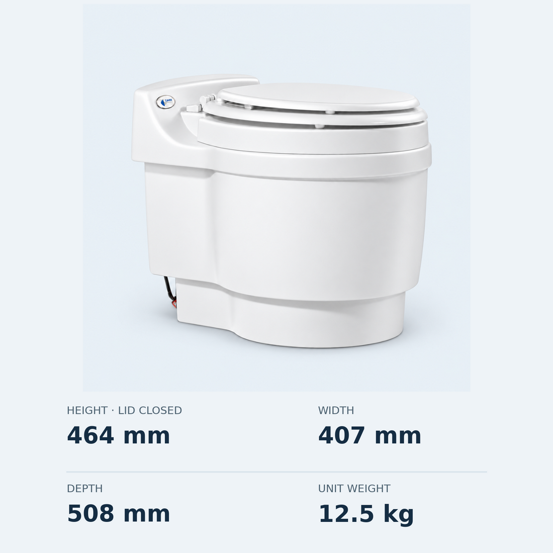 Overall height 464 mm, width 407 mm, depth 508 mm; unit weight 12.5 kg