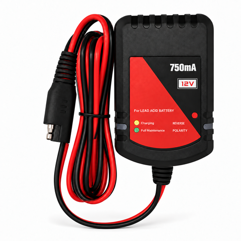 Laveo DryFlush 12V 750mA battery charger with Charging, Full Maintenance and Reverse Polarity labels