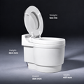 Laveo DryFlush toilet specifications: height 464 mm, depth 508 mm, width 407 mm and weight 12.5 kg