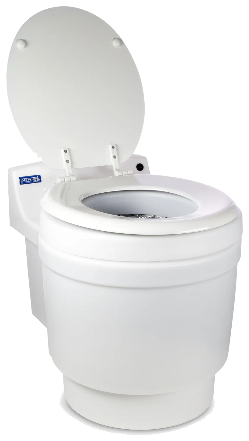 Laveo DryFlush portable toilet in white with the lid open